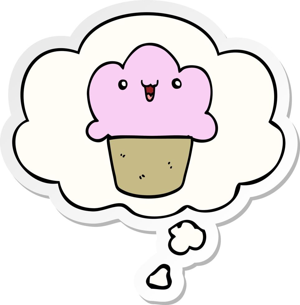 cartoon cupcake with face and thought bubble as a printed sticker vector