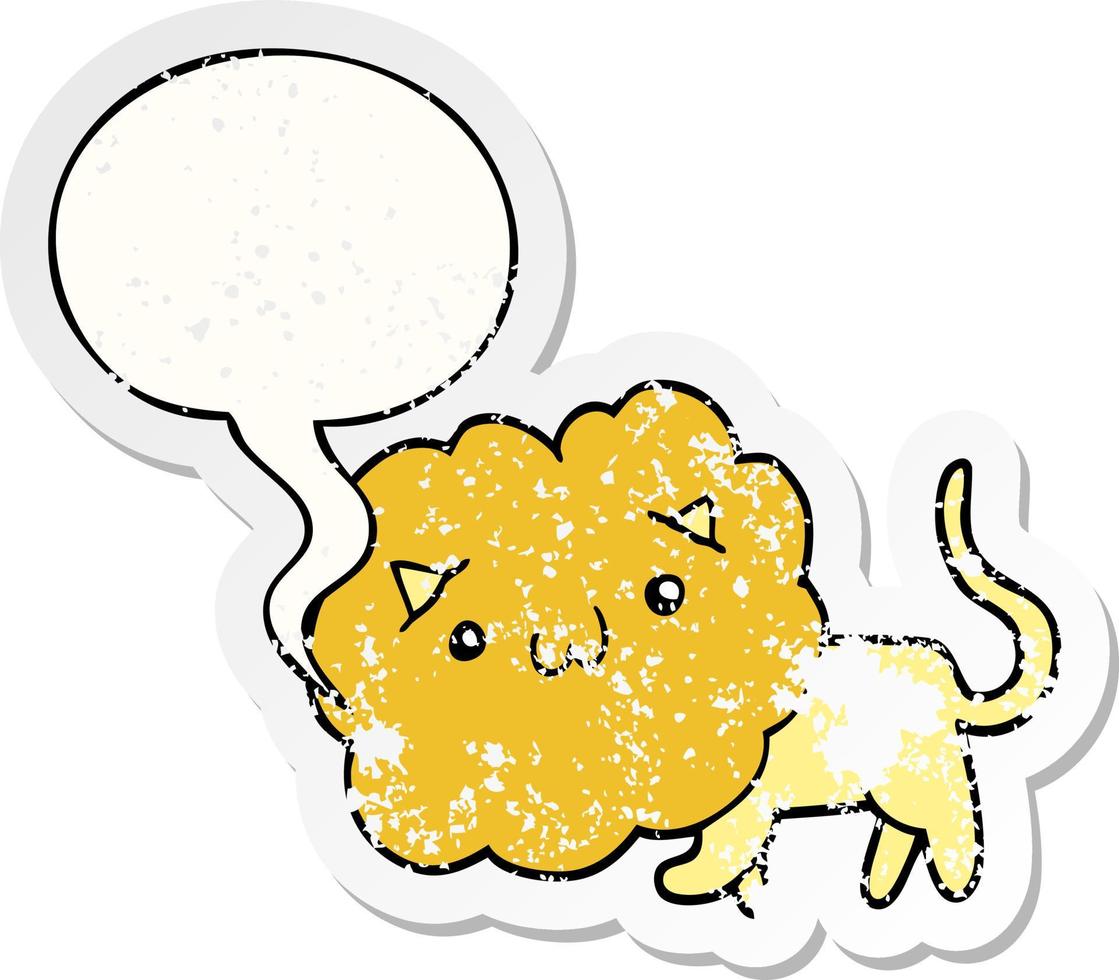 cute cartoon lion and speech bubble distressed sticker vector