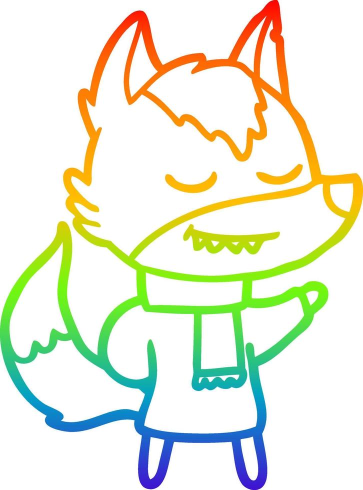 rainbow gradient line drawing friendly cartoon wolf wearing scarf vector