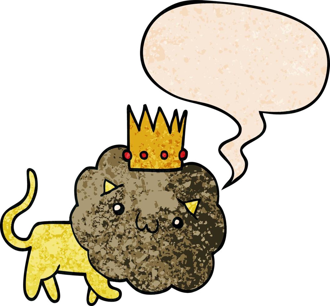 cartoon lion and crown and speech bubble in retro texture style vector