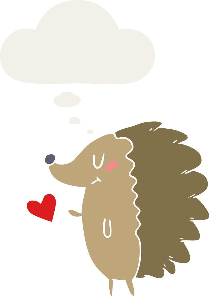 cute cartoon hedgehog and thought bubble in retro style vector