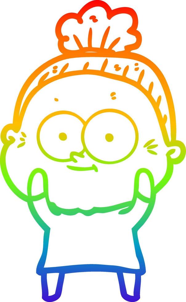rainbow gradient line drawing cartoon happy old woman vector