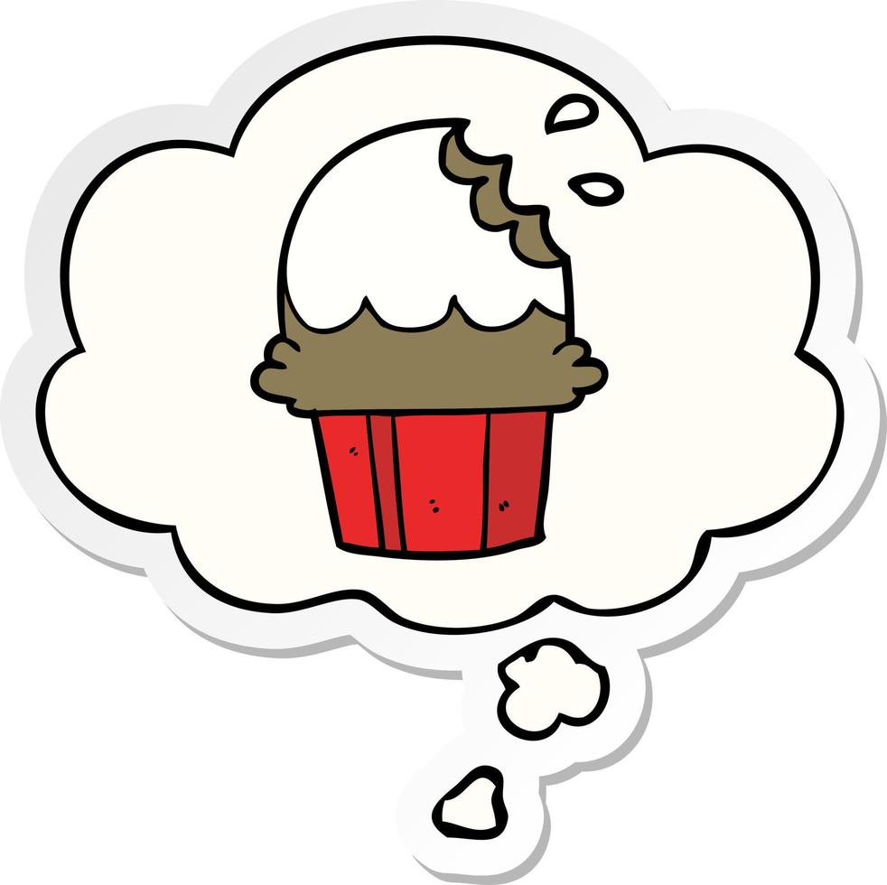 cupcake de dibujos animados y burbuja de pensamiento como pegatina impresa vector