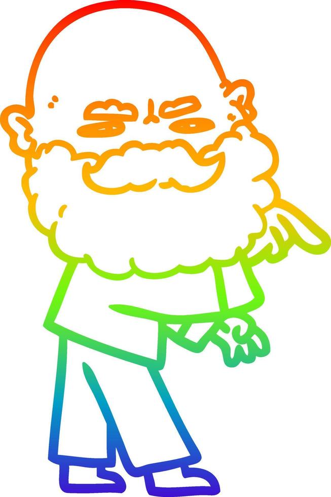 Dibujo de línea de gradiente de arco iris hombre de dibujos animados con barba frunciendo el ceño y señalando vector