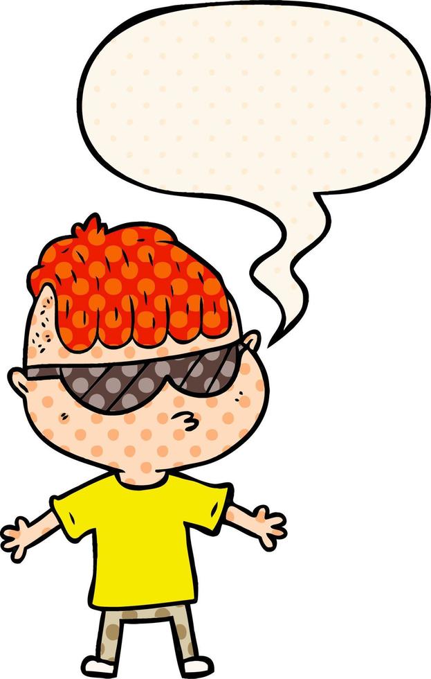 cartoon boy wearing sunglasses and speech bubble in comic book style vector