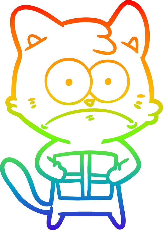 rainbow gradient line drawing cartoon cat with present vector