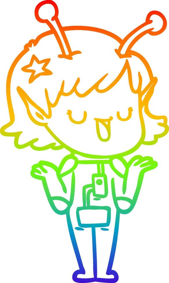 rainbow gradient line drawing happy alien girl cartoon vector