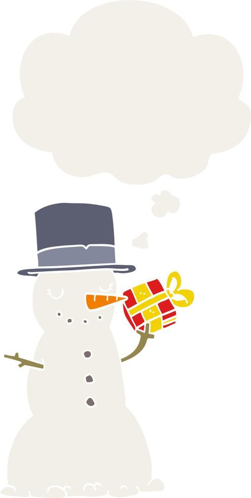 cartoon christmas snowman and thought bubble in retro style vector