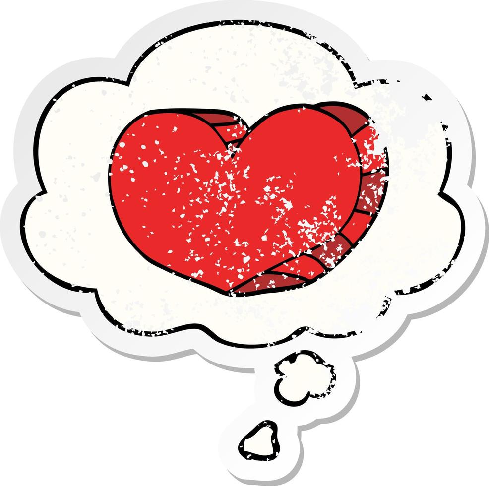 cartoon love heart and thought bubble as a distressed worn sticker vector