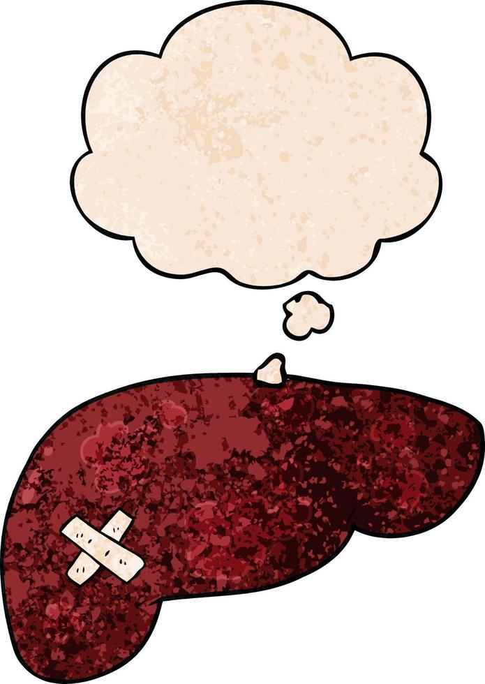 cartoon unhealthy liver and thought bubble in grunge texture pattern style vector