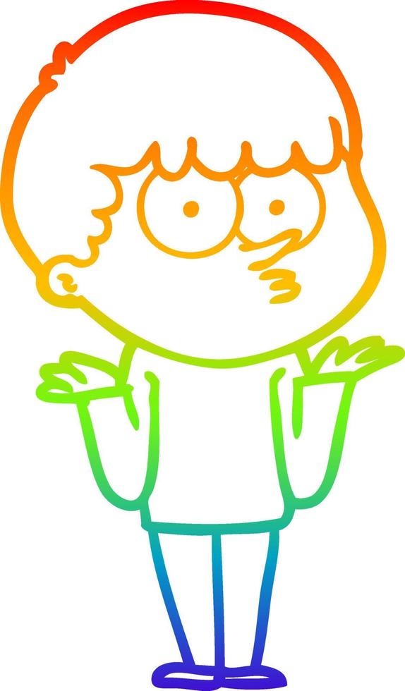 rainbow gradient line drawing cartoon curious boy shrugging shoulders vector