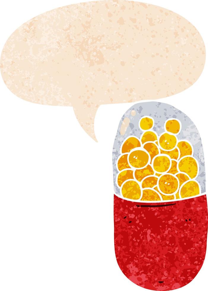 cartoon pill and speech bubble in retro textured style vector