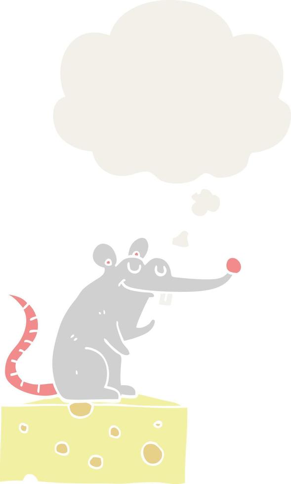 cartoon mouse sitting on cheese and thought bubble in retro style vector