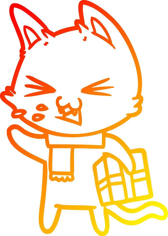 warm gradient line drawing cartoon hissing cat with christmas present vector