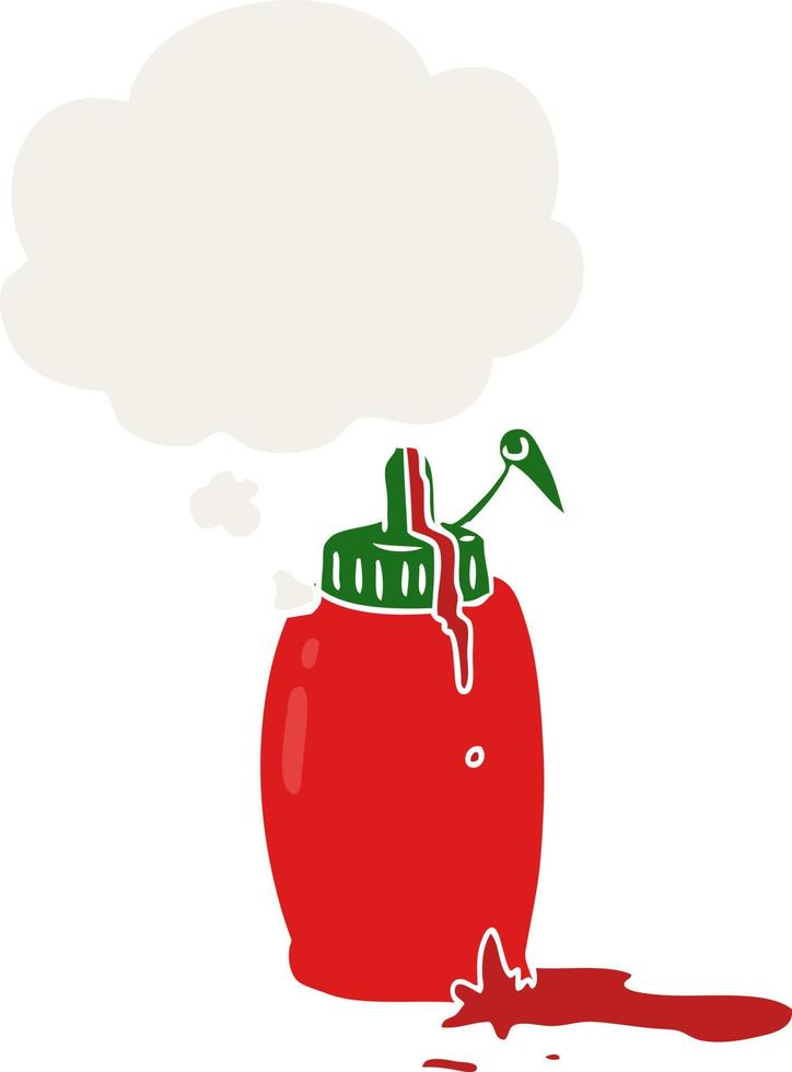 botella de ketchup de dibujos animados y burbuja de pensamiento en estilo retro vector