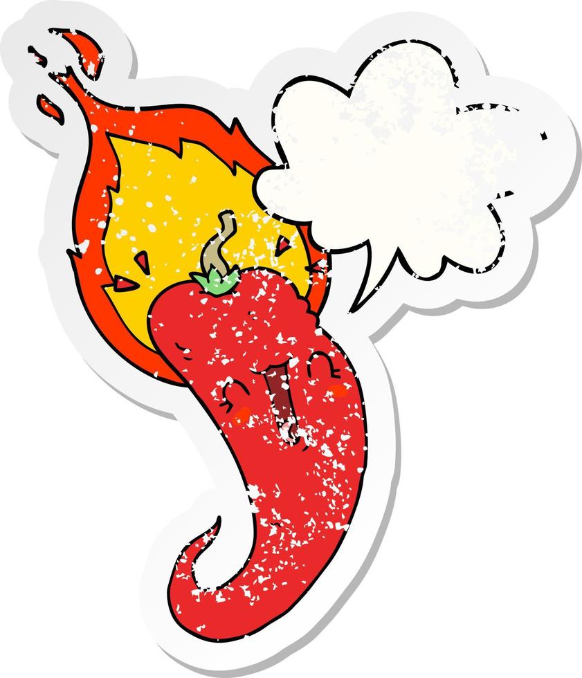 cartoon flaming hot chili pepper and speech bubble distressed sticker vector