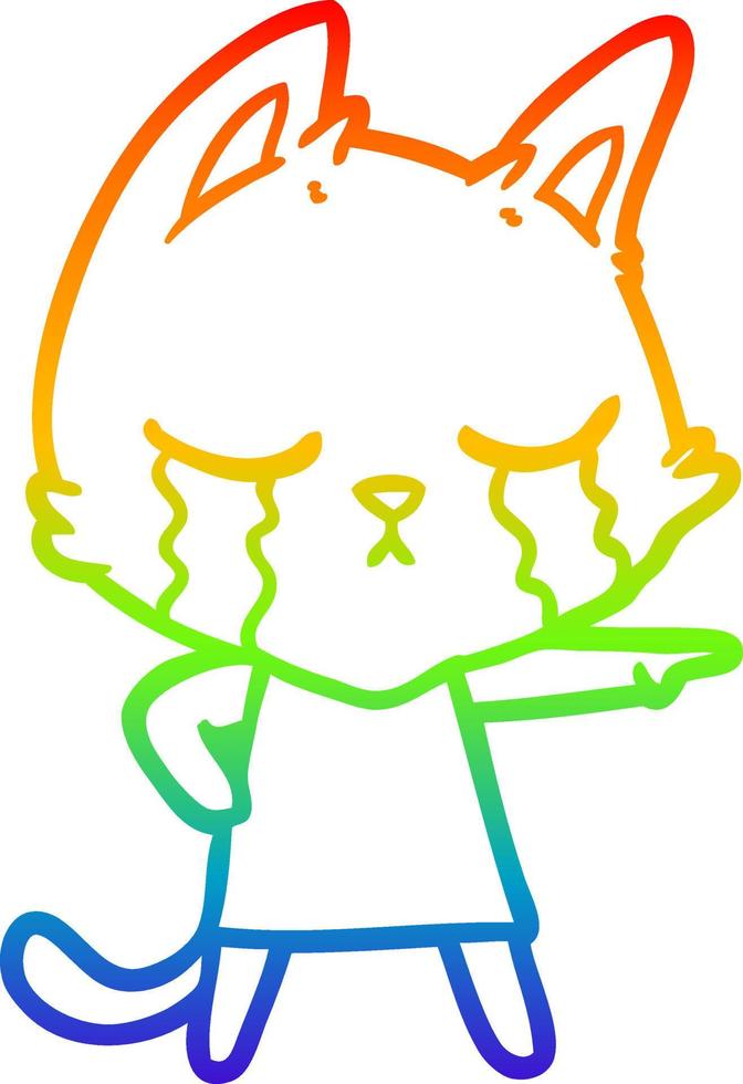 rainbow gradient line drawing crying cartoon cat in dress pointing vector