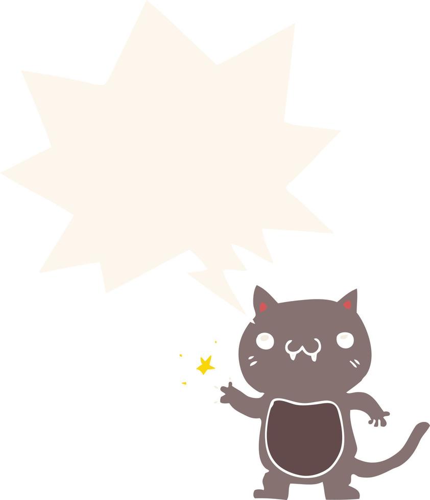 cartoon cat scratching and speech bubble in retro style vector