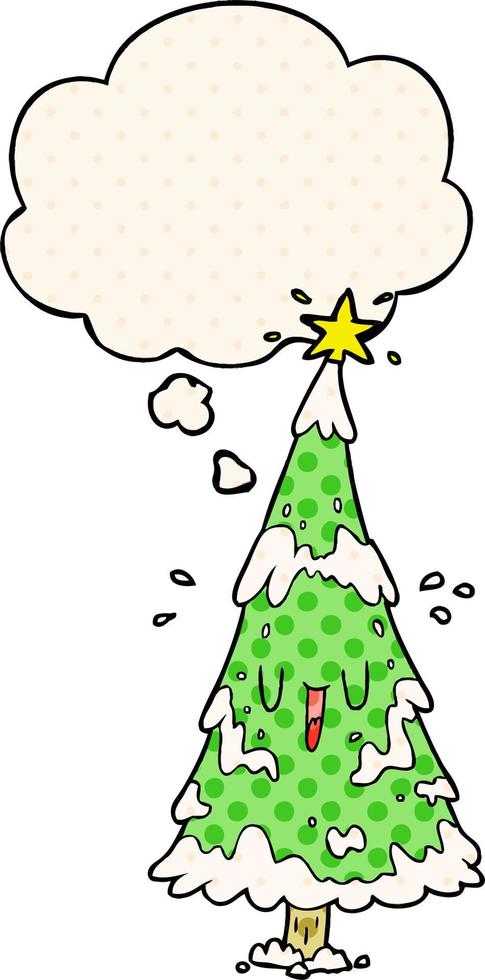 cartoon christmas tree and thought bubble in comic book style vector