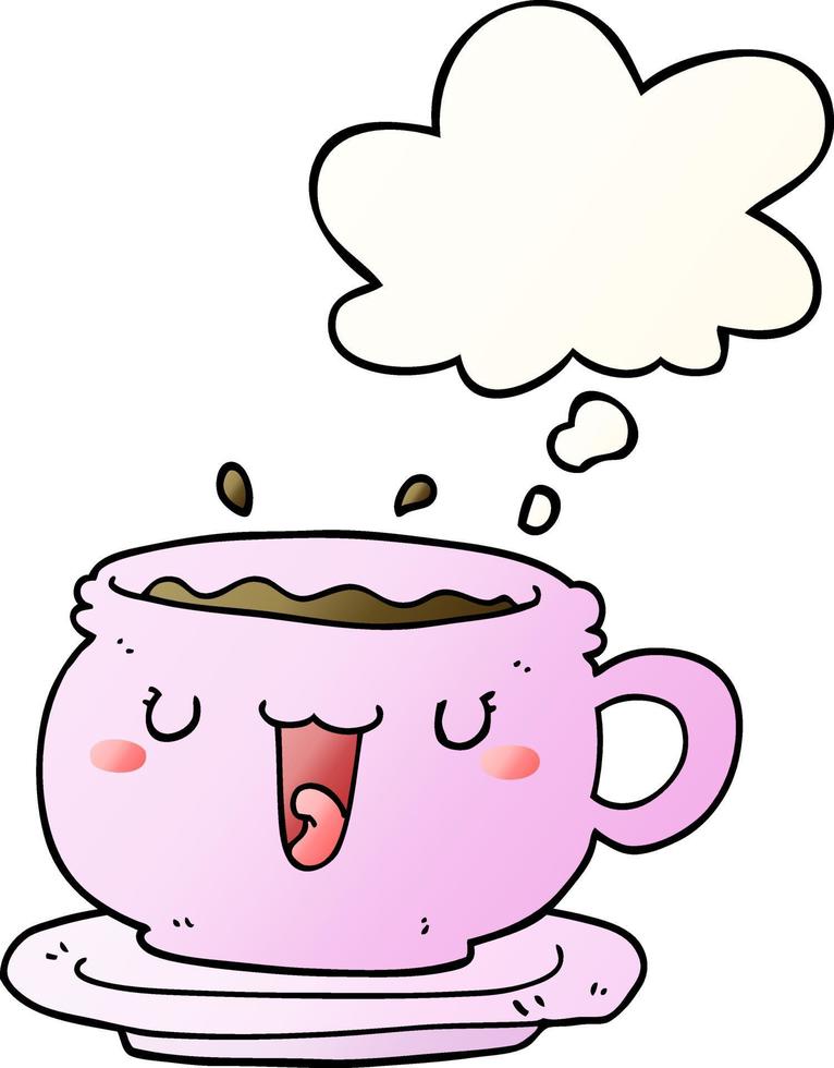 cute cartoon cup and saucer and thought bubble in smooth gradient style vector