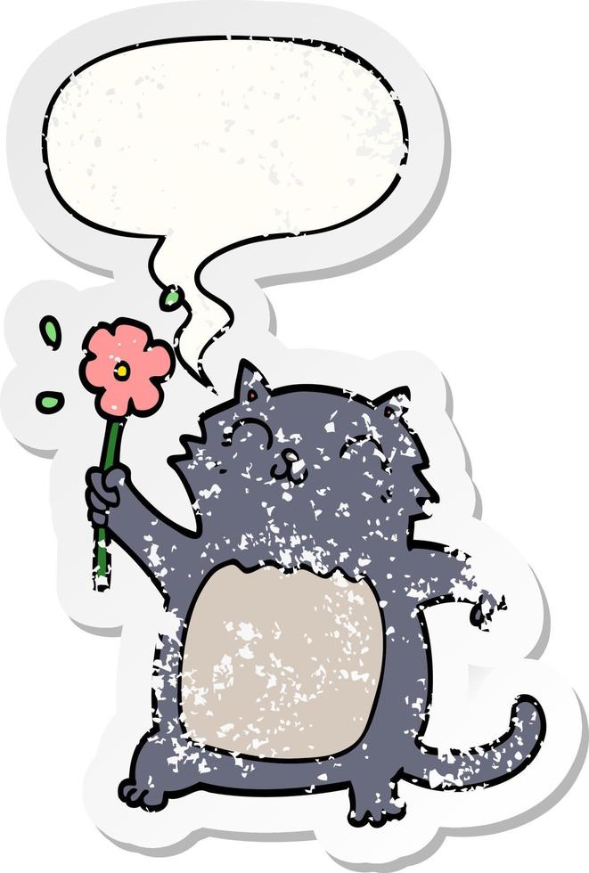 cartoon cat and flower and speech bubble distressed sticker vector