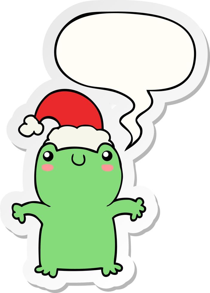 cute cartoon frog wearing christmas hat and speech bubble sticker vector