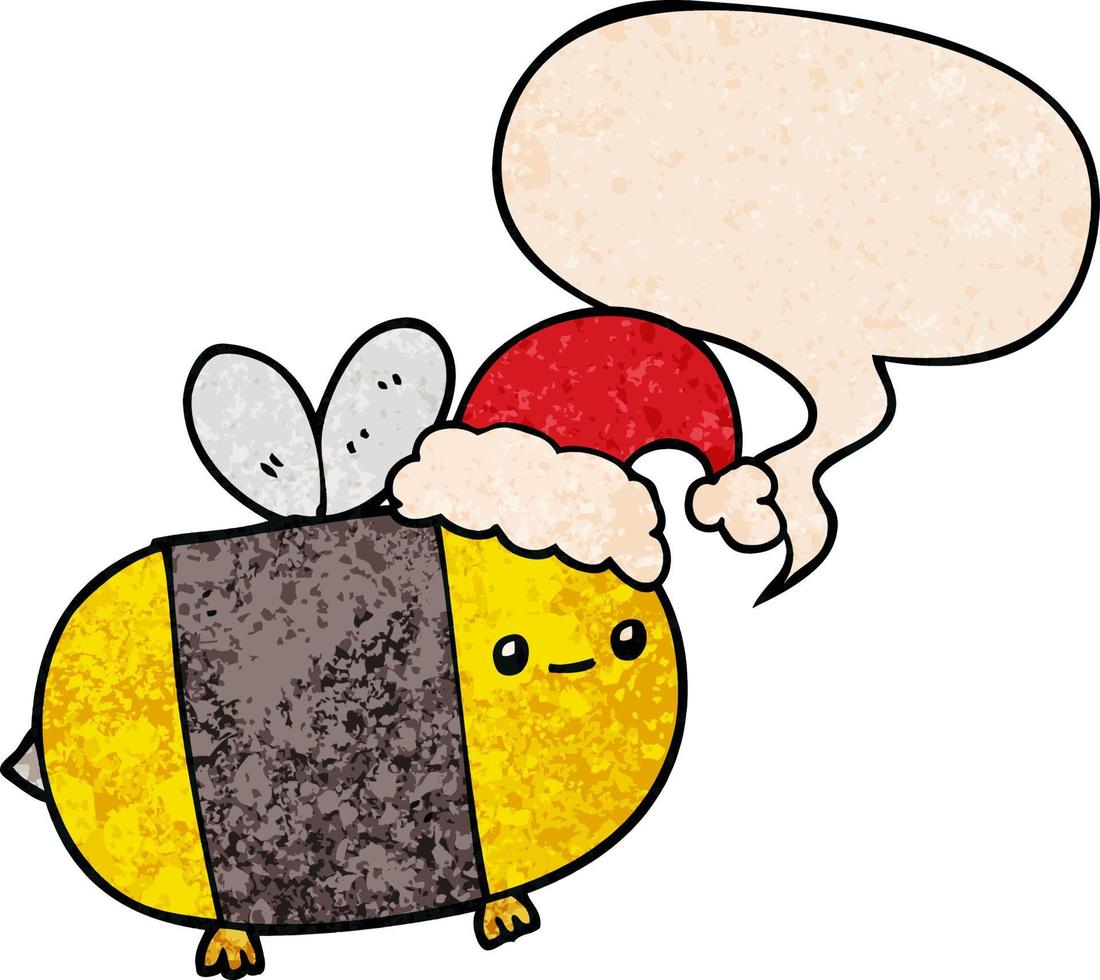 cartoon christmas bee and speech bubble in retro texture style vector
