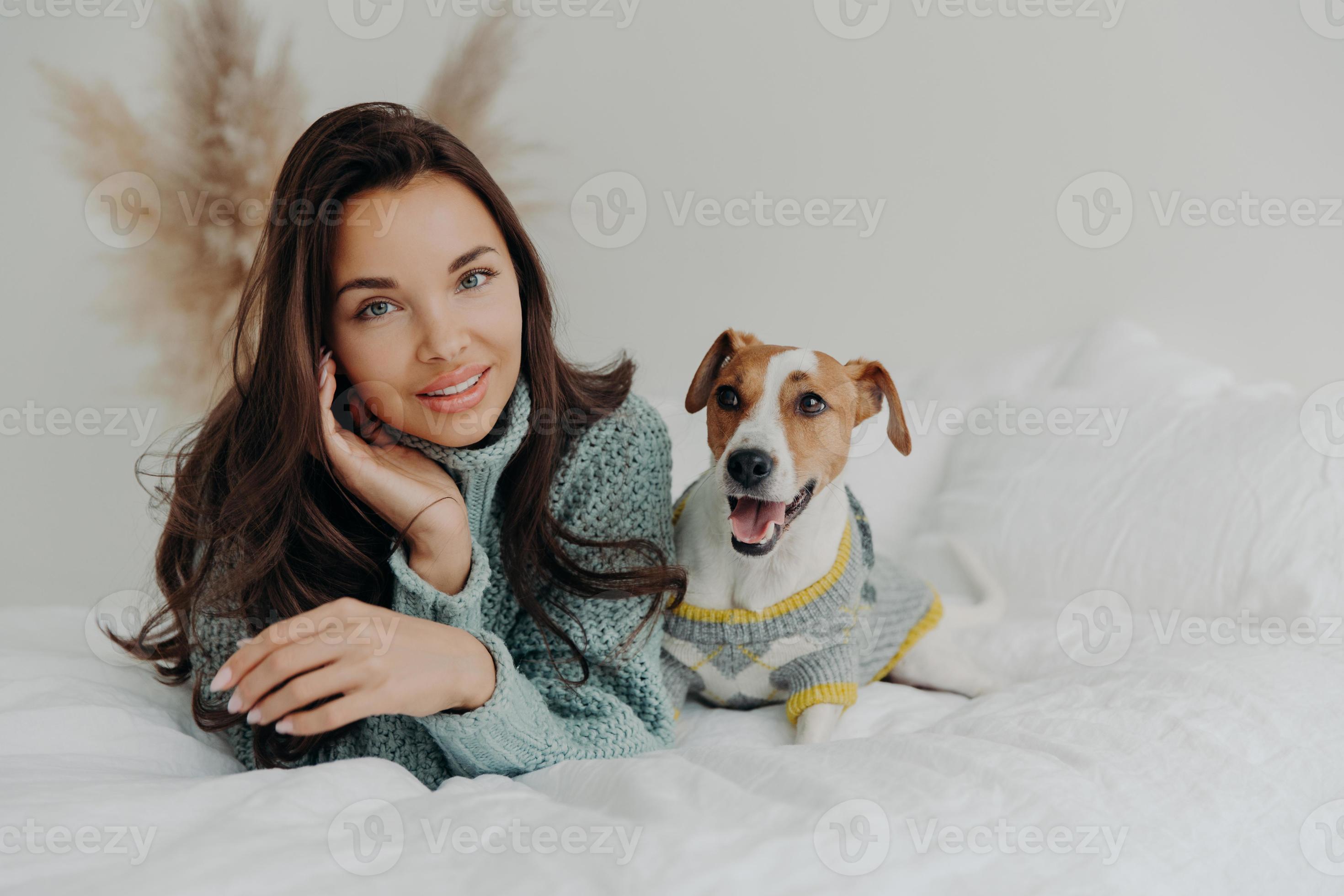 Horizontal shot of pleasant looking tender woman spends free time with  favorite pet, looks directly at camera, enjoys domestic atmosphere, cares  about dog. People, animals and friendship concept 8835715 Stock Photo at