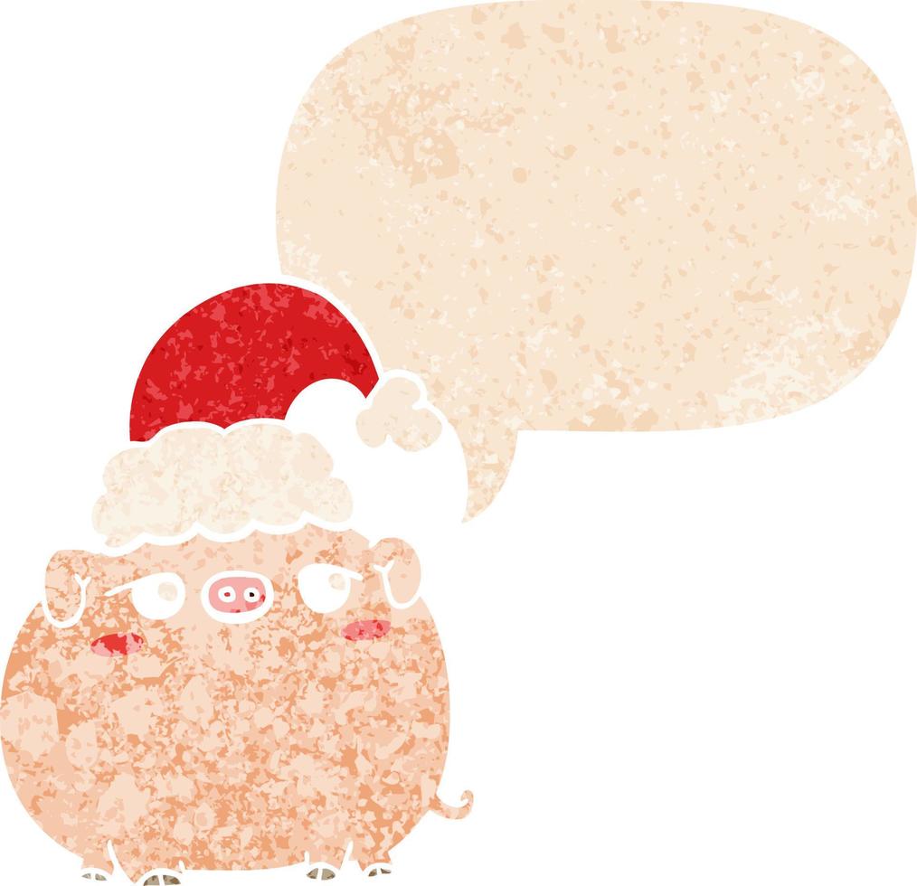 cartoon pig wearing christmas hat and speech bubble in retro textured style vector