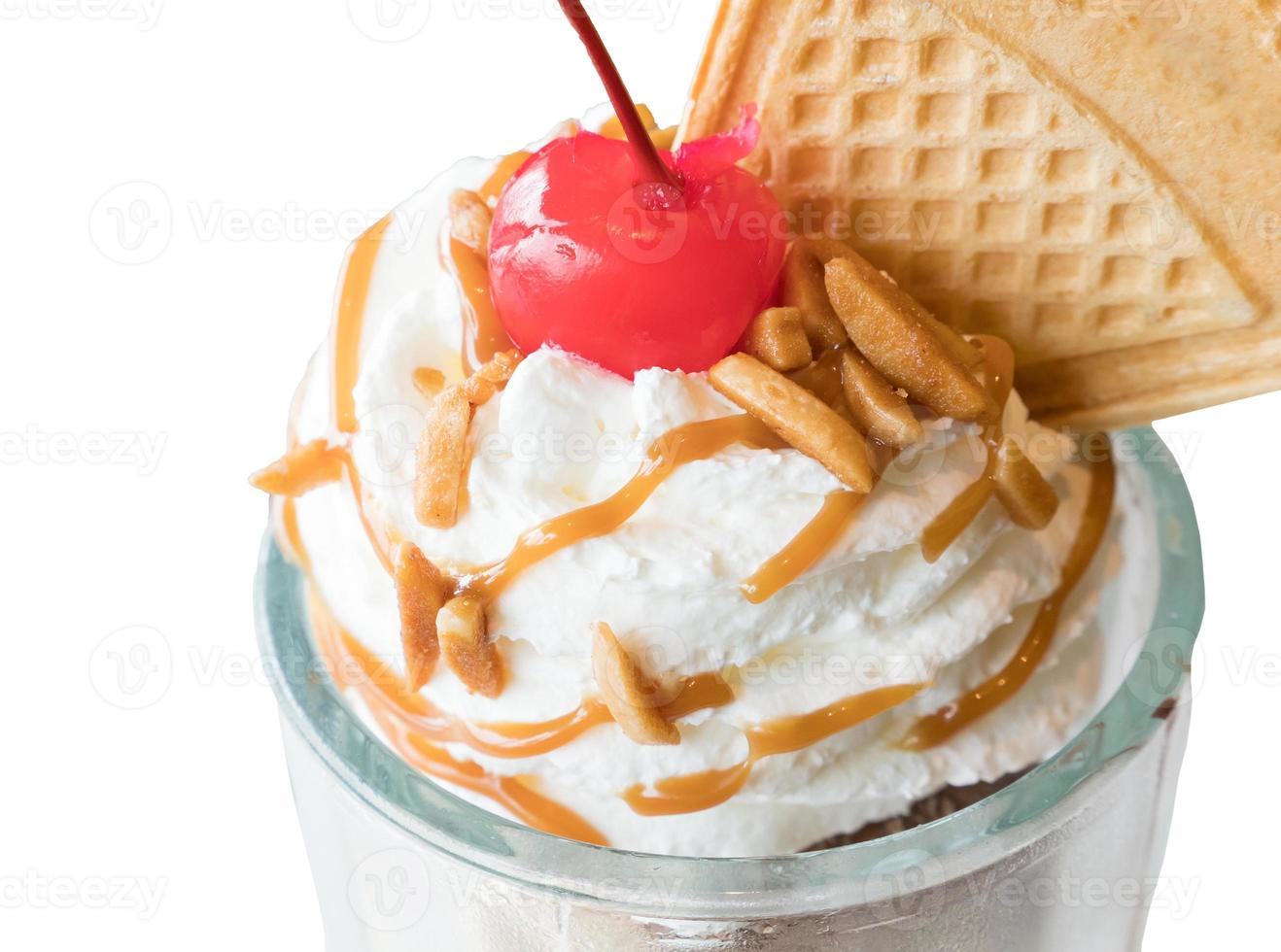 Maraschino cherry on the top ice cream glass. photo