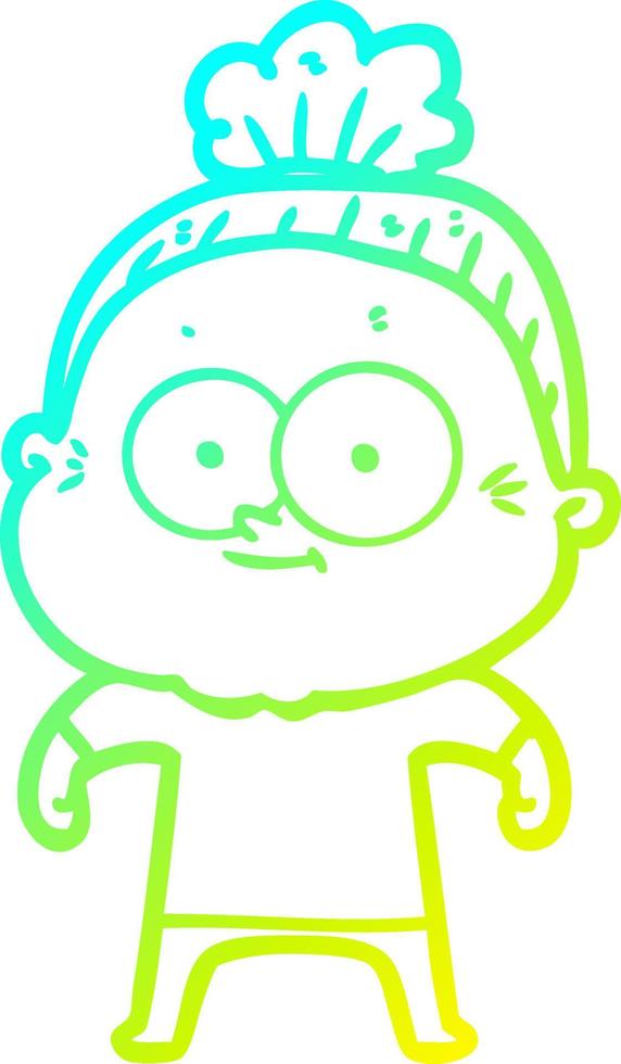 cold gradient line drawing cartoon happy old woman vector