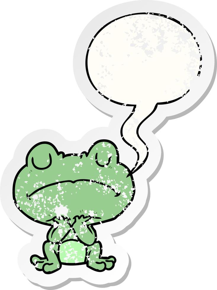 cartoon frog waiting patiently and speech bubble distressed sticker vector