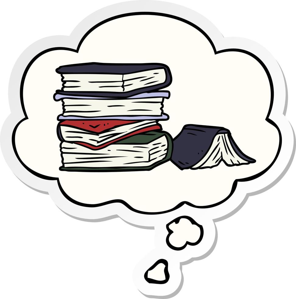 cartoon pile of books and thought bubble as a printed sticker vector
