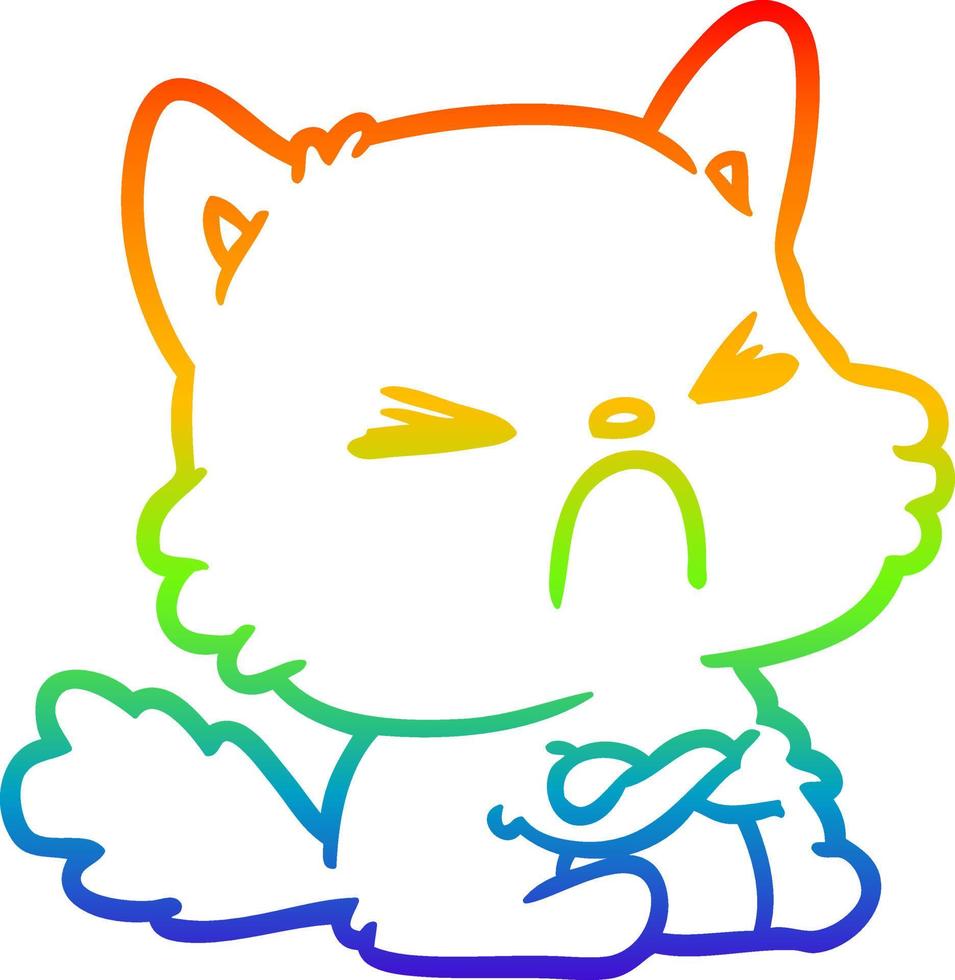 dibujo de línea de gradiente de arco iris lindo gato enojado de dibujos animados vector