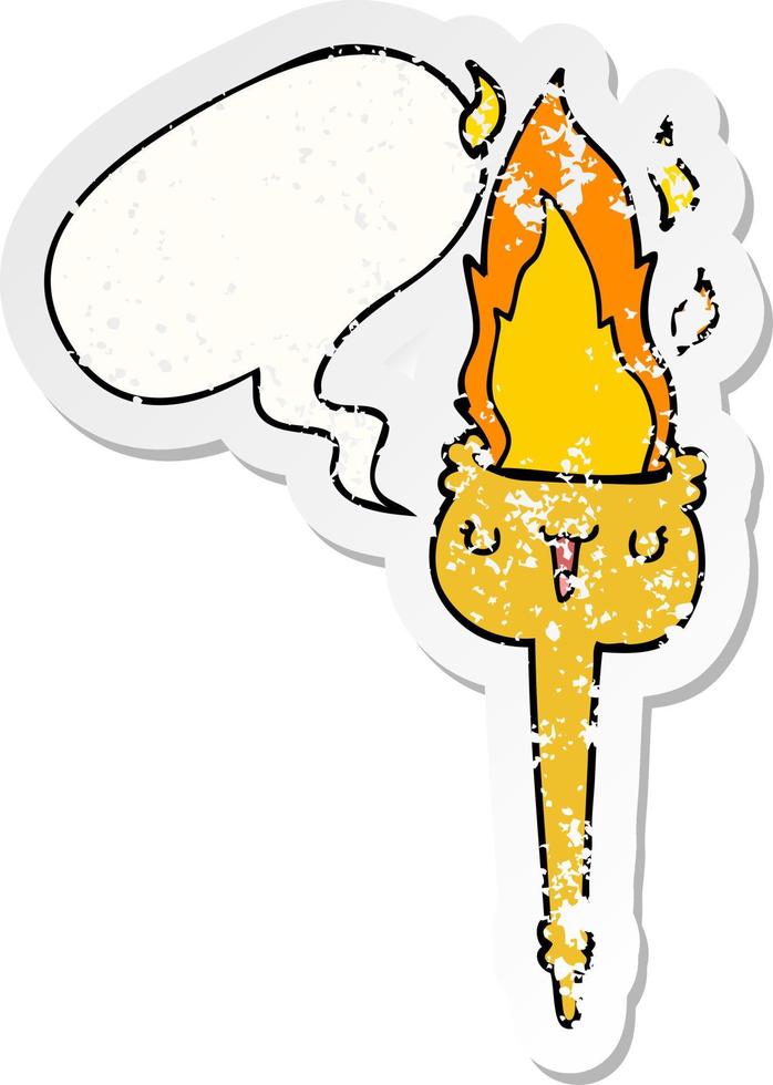 cartoon flaming torch and speech bubble distressed sticker vector