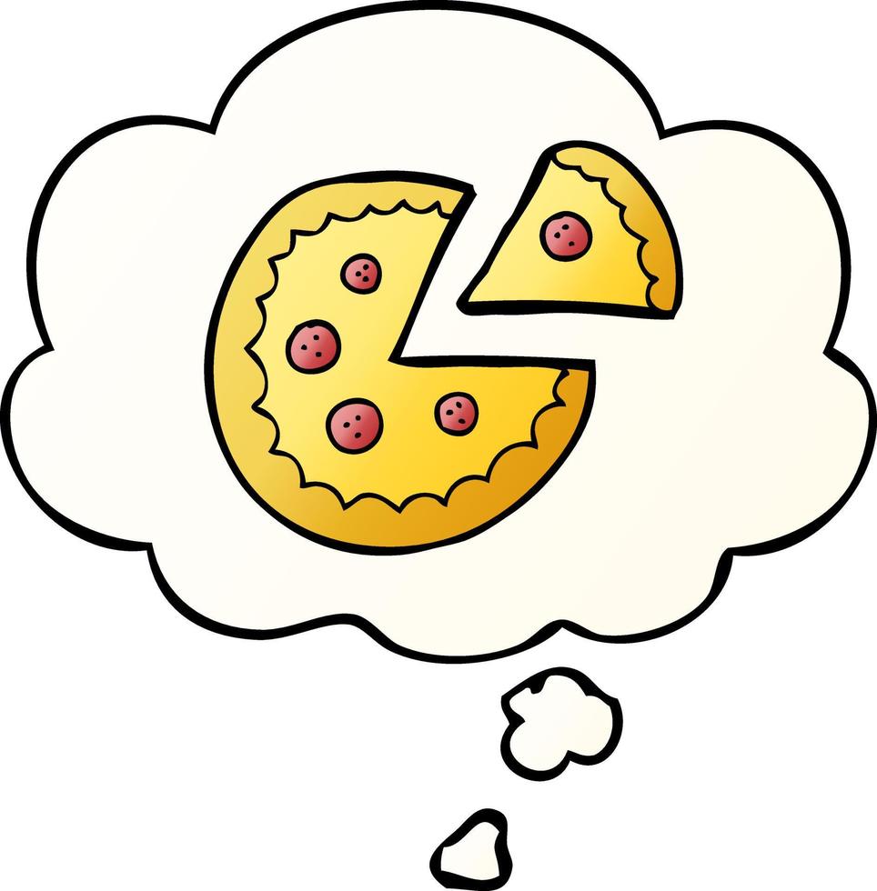 cartoon pizza and thought bubble in smooth gradient style vector