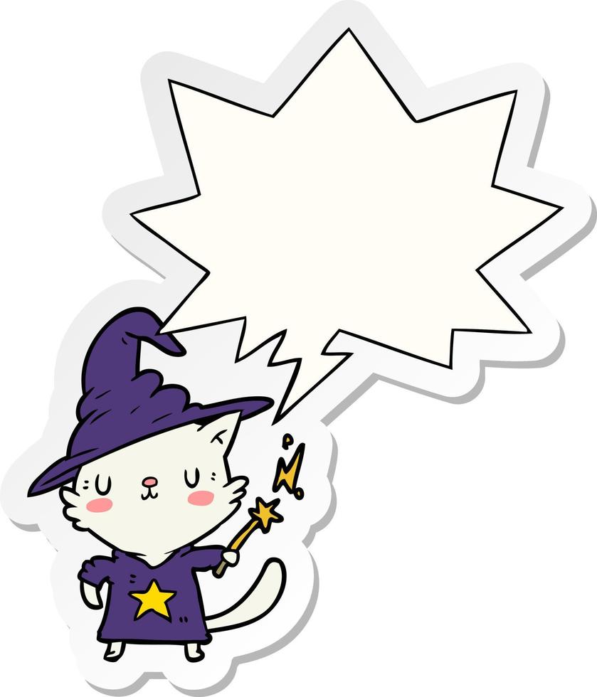 magical amazing cartoon cat wizard and speech bubble sticker vector