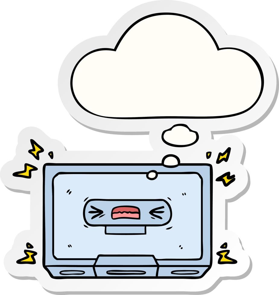 cartoon angry old cassette tape and thought bubble as a printed sticker vector