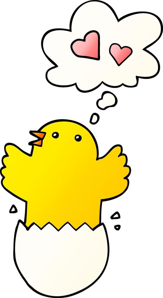 cute hatching chick cartoon and thought bubble in smooth gradient style vector