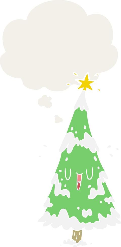 árbol de navidad de dibujos animados y burbuja de pensamiento en estilo retro vector