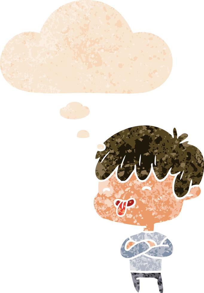 cartoon boy sticking out tongue and thought bubble in retro textured style vector