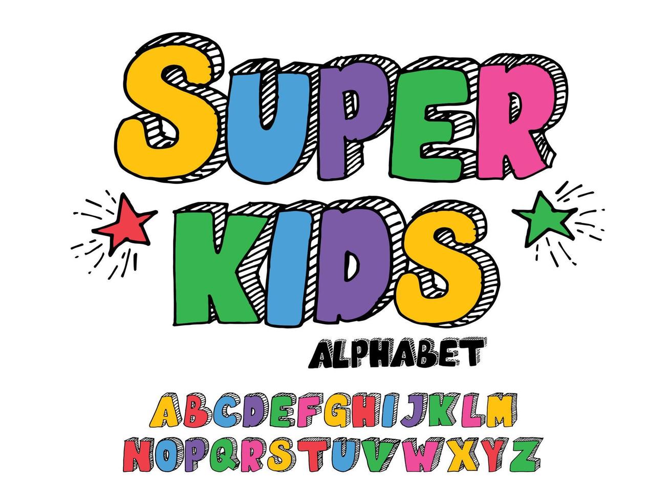 Hand-drawn 3D font. uppercase letters with colors. alphabet for children's themes vector