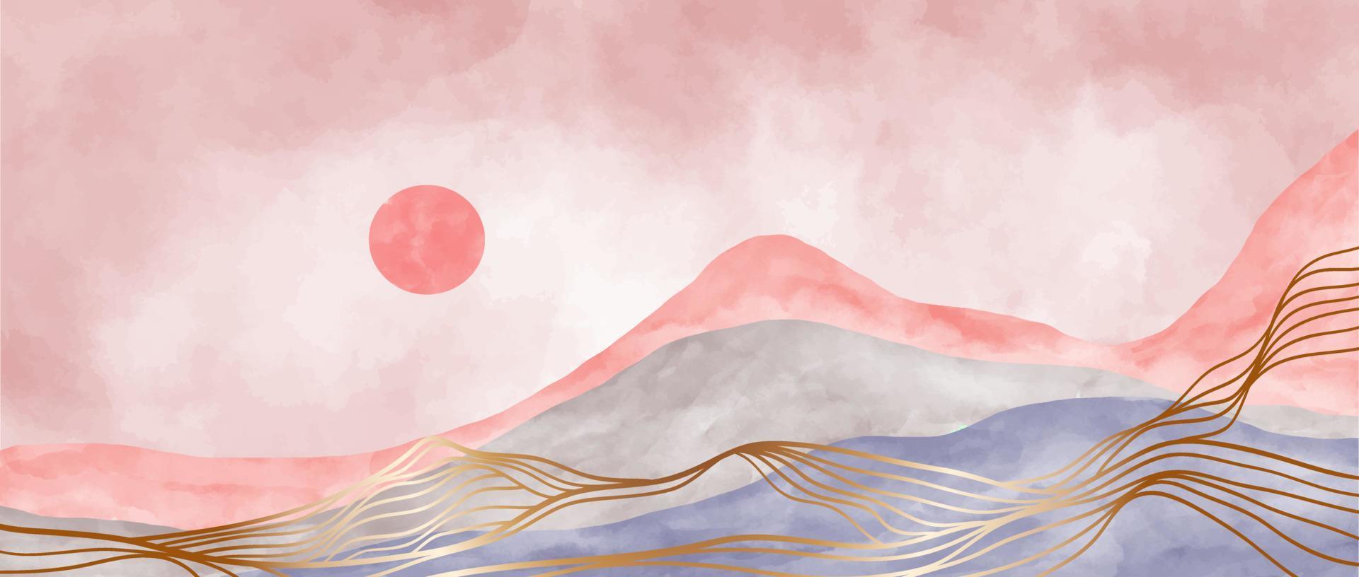 paisaje de montaña con pincel de acuarela e impresión de arte de línea dorada. abstracto montaña contemporáneo estética fondos paisajes. ilustraciones vectoriales vector