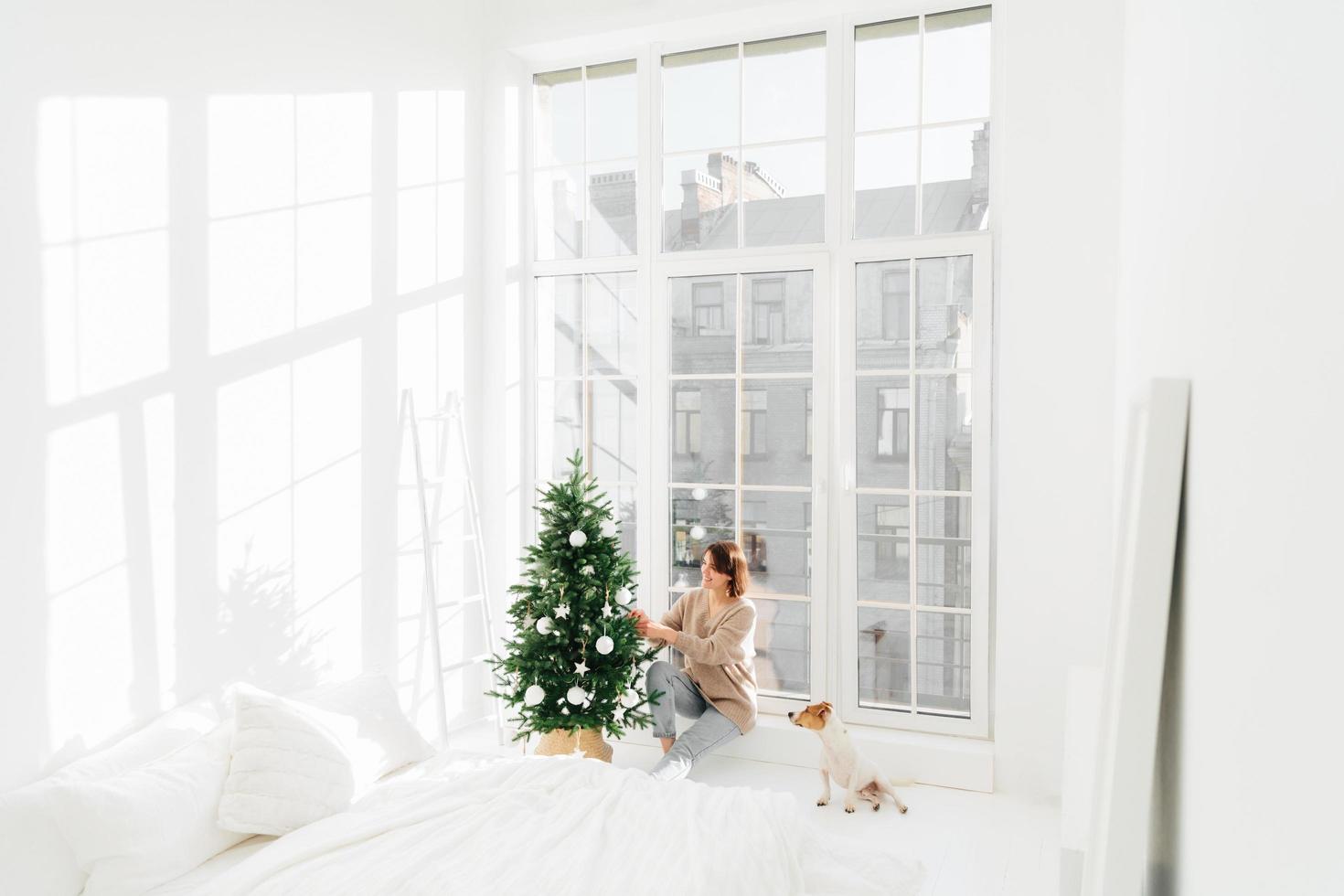 Happy young brunette woman and domestic animal decorate New Year tree at home. Cozy domestic interior in bedroom. Christmas firtree decoration. Winter holidays, people and celebration concept. photo