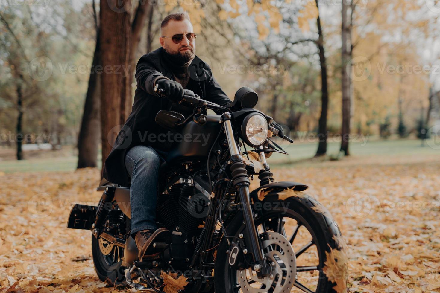 Male motorcyclist drives in nature on fast bike, wears shades, black jacket, gloves, jeans and boots, enjoys autumn season, spends free time actively, ready for long trip. People, transport, driving photo