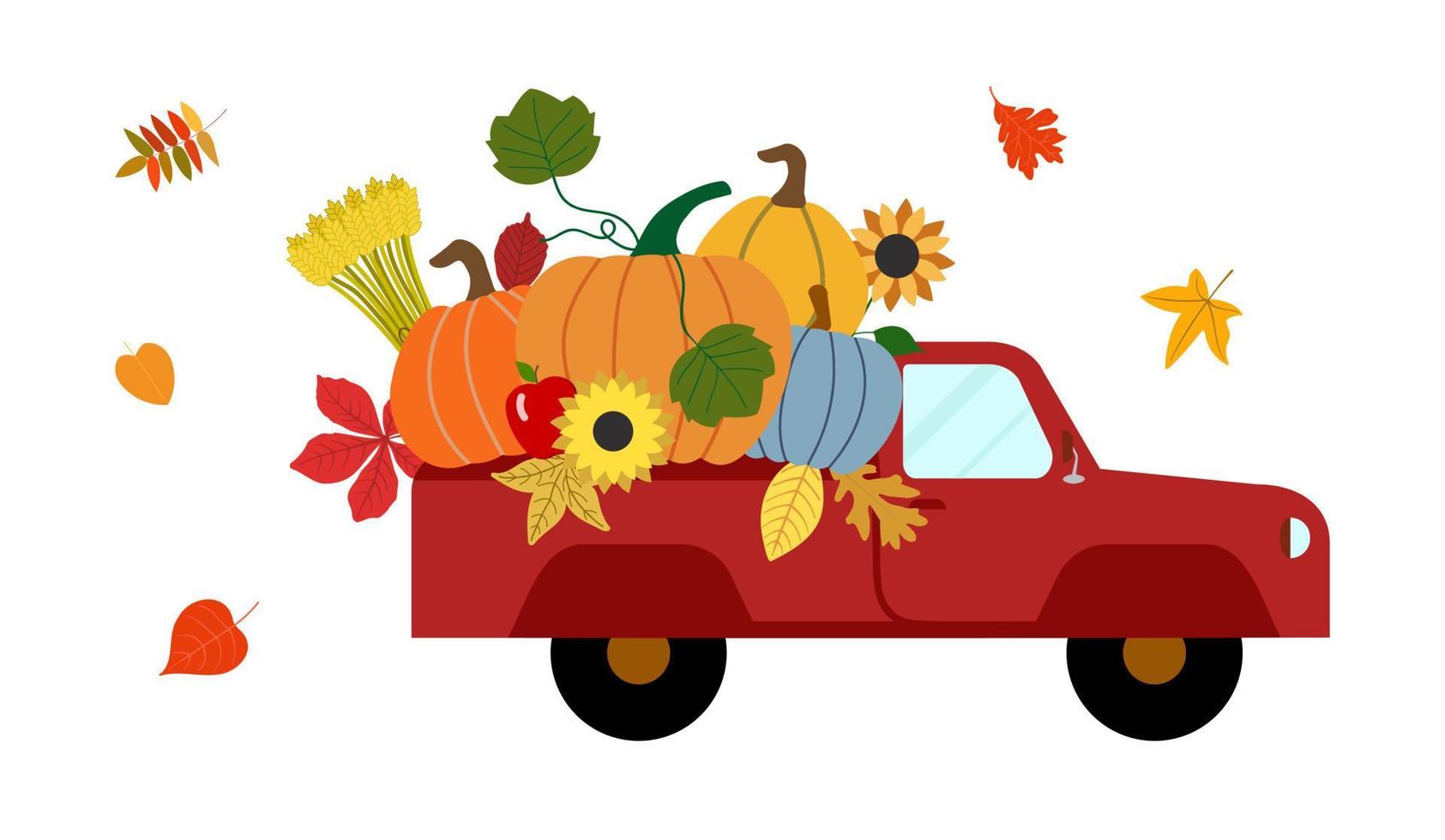 Red fall harvest truck vector illustration. Set of pumpkins, sheaf of wheat, sunflowers, fallen autumn leaves. Isolated on white background. Autumn garden themed design in cartoon style.