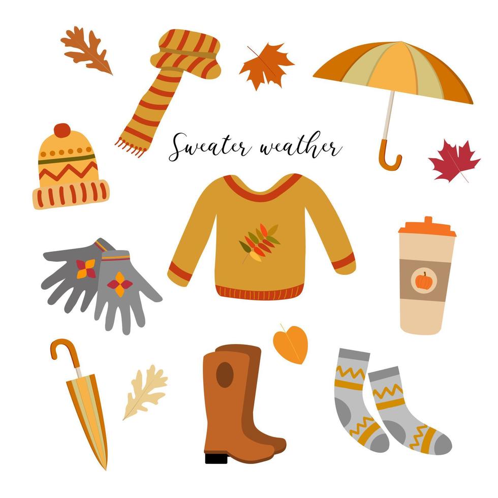 Autumn mood sweater weather illustration. Cute vector set. Cozy sweater, cartoon umbrella, rubber boots, knitted scarf, wool hat, pumpkin coffee, fall leaves. Isolated on white background