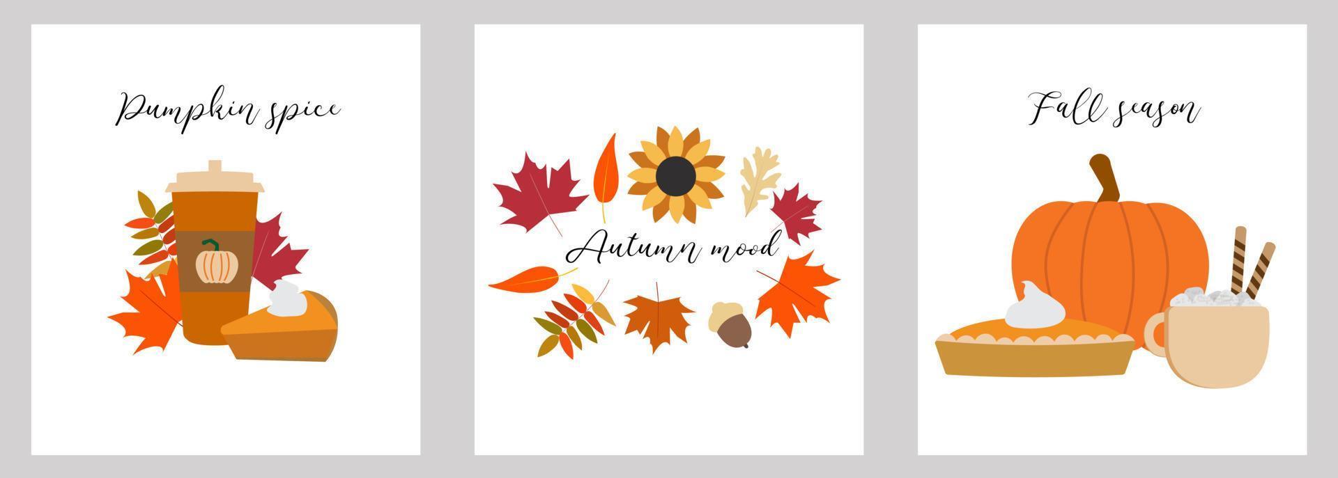 Set of autumn card templates. Vector illustrations. Pumpkin latte cup, fall leaves, pumpkin, pie, isolated on white background. Fall food.