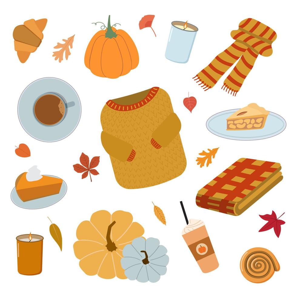 Cozy autumn weather set of elements. Knitted sweater, scarf, folded blanket, pumpkins, coffee cup, mug, sweet bakery, fall leaves. Isolated on white background. vector