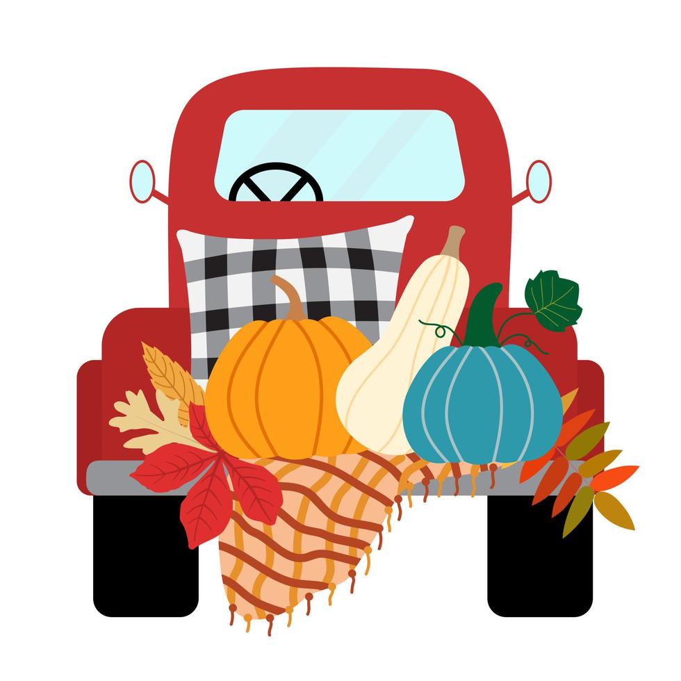 Caída de camioneta roja con calabazas, almohada, manta caliente, hojas, aislado sobre fondo blanco. ilustración de cosecha vectorial. vector